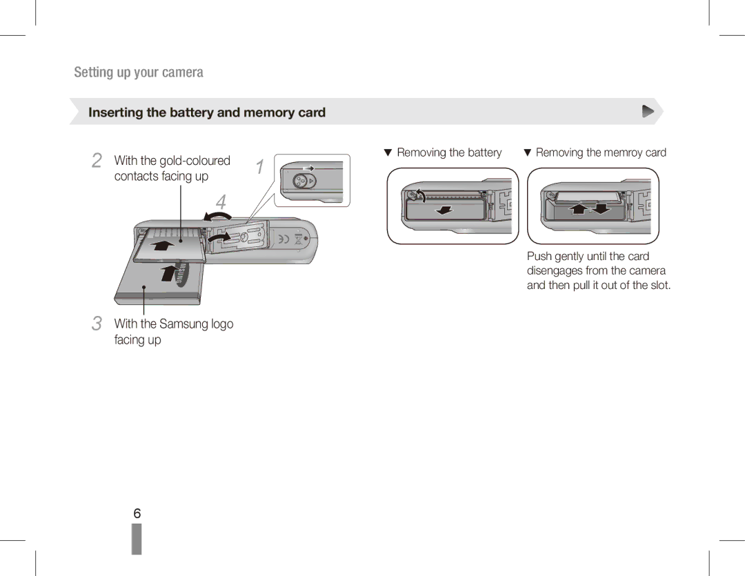 Samsung EC-PL55ZZBPRIT manual Inserting the battery and memory card, Contacts facing up, With the Samsung logo facing up 