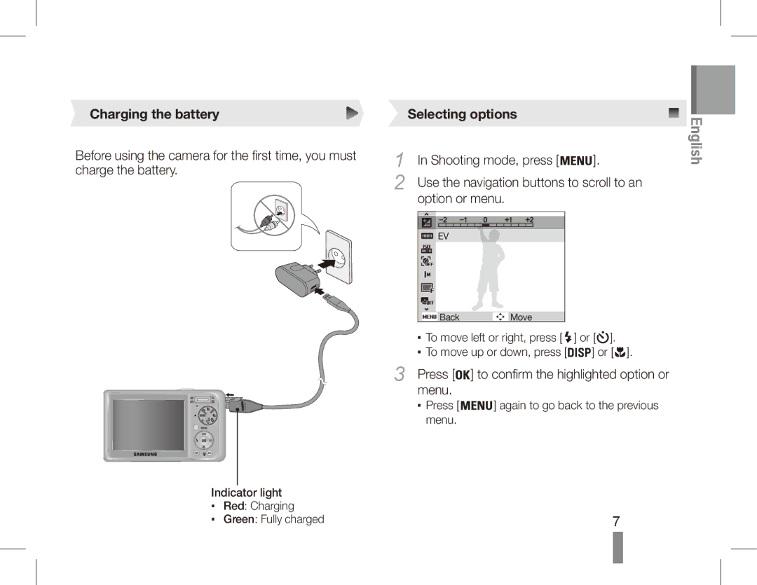 Samsung EC-PL55ZZBPSIT, EC-PL55ZZBPBE1, EC-PL55ZZBPRE1, EC-PL55ZZBPBFR manual Charging the battery, Selecting options 