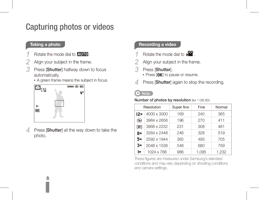 Samsung EC-PL55ZZBPUE1 manual Capturing photos or videos, Align your subject in the frame, Automatically, Taking a photo 