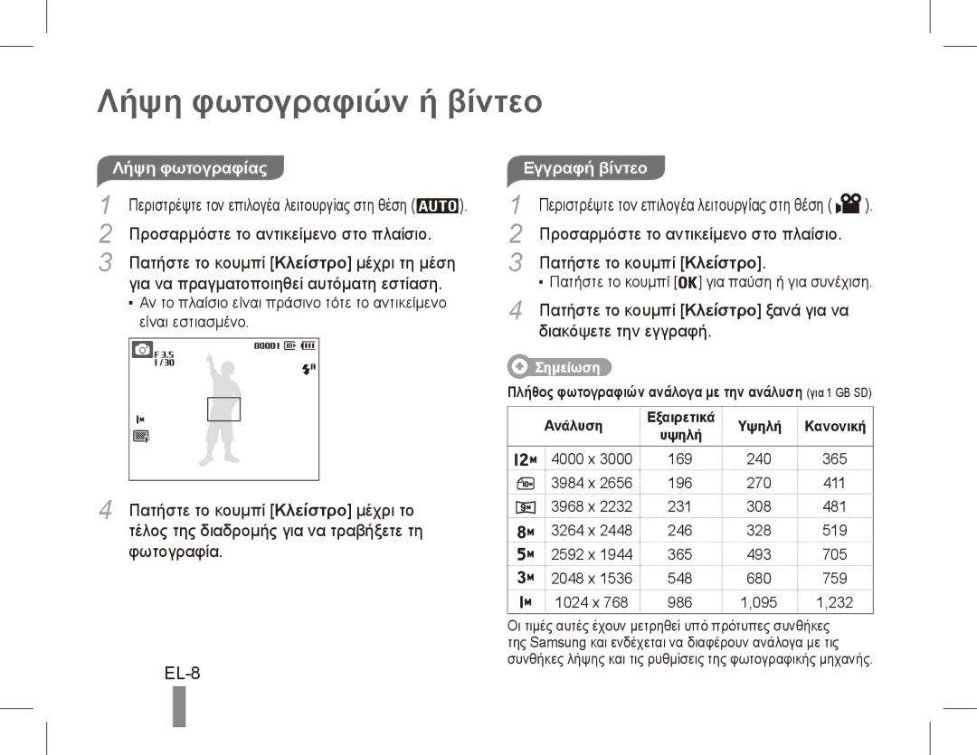 Samsung EC-PL55ZZDPBME, EC-PL55ZZBPBE1, EC-PL55ZZBPRE1 Λήψη φωτογραφιών ή βίντεο, EL-8, Λήψη φωτογραφίας Εγγραφή βίντεο 