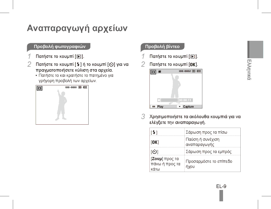 Samsung EC-PL55ZZBPSSA manual Αναπαραγωγή αρχείων, EL-9, Προβολή φωτογραφιών, Ελέγξετε την αναπαραγωγή, Προβολή βίντεο 