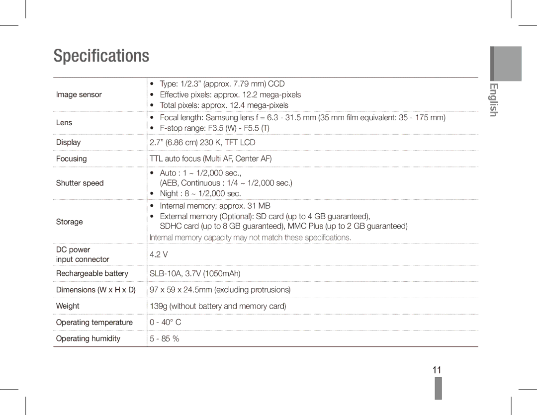 Samsung EC-PL55ZZDPUAS, EC-PL55ZZBPBE1, EC-PL55ZZBPRE1, EC-PL55ZZBPBFR, EC-PL55ZZBPSCA, EC-PL55ZZBPBIT manual Specifications 