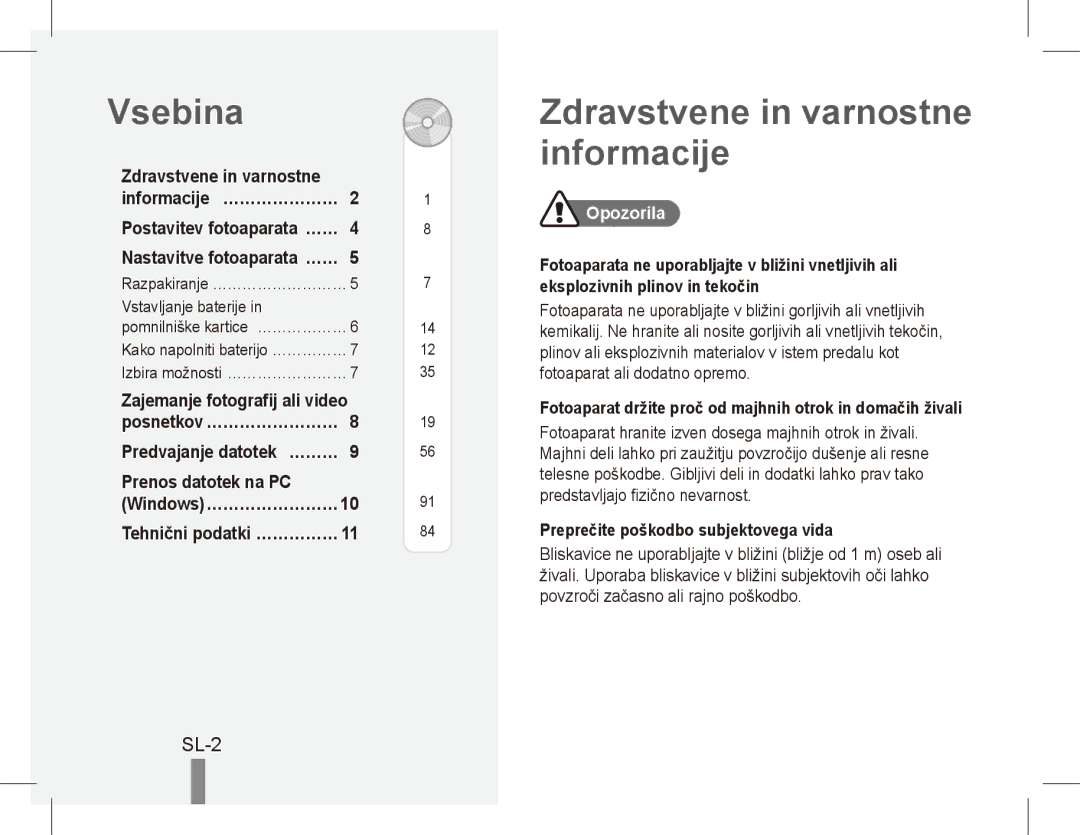 Samsung EC-PL55ZZBPSE2 manual Vsebina, Zdravstvene in varnostne informacije, SL-2, Prenos datotek na PC, Opozorila 