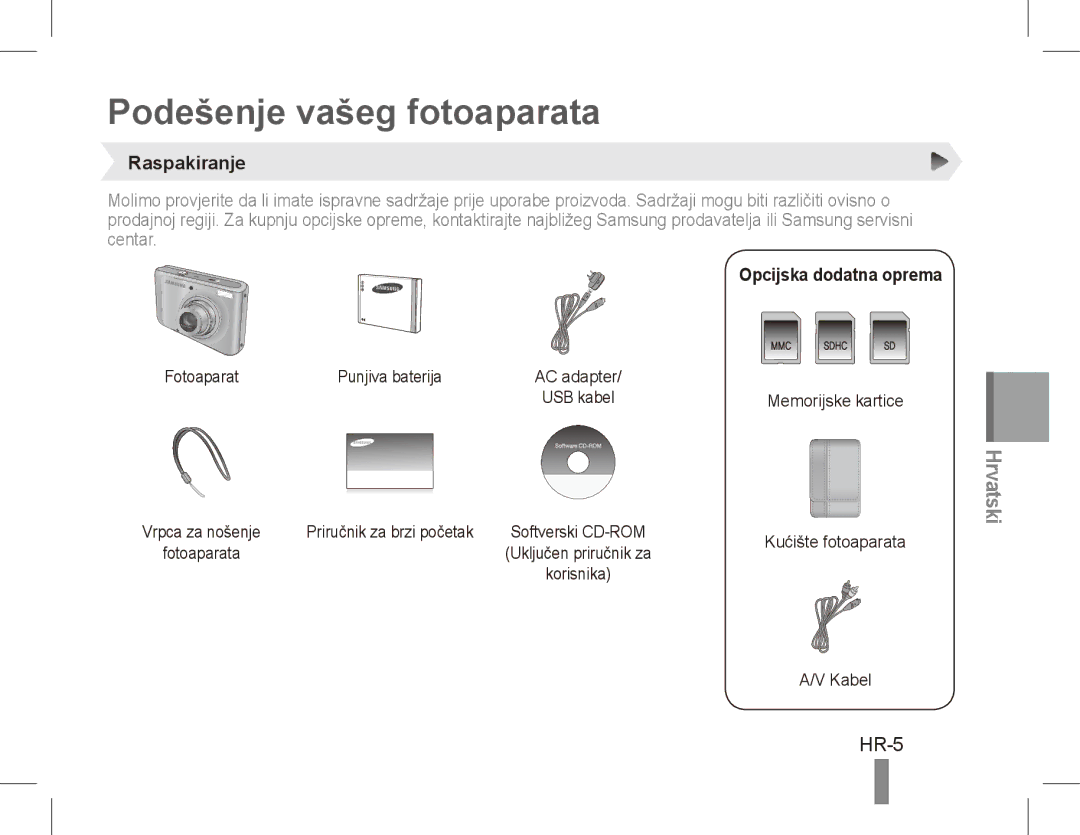 Samsung EC-PL55ZZBPSIT, EC-PL55ZZBPBE1, EC-PL55ZZBPRE1, EC-PL55ZZBPBFR manual Podešenje vašeg fotoaparata, HR-5, Raspakiranje 