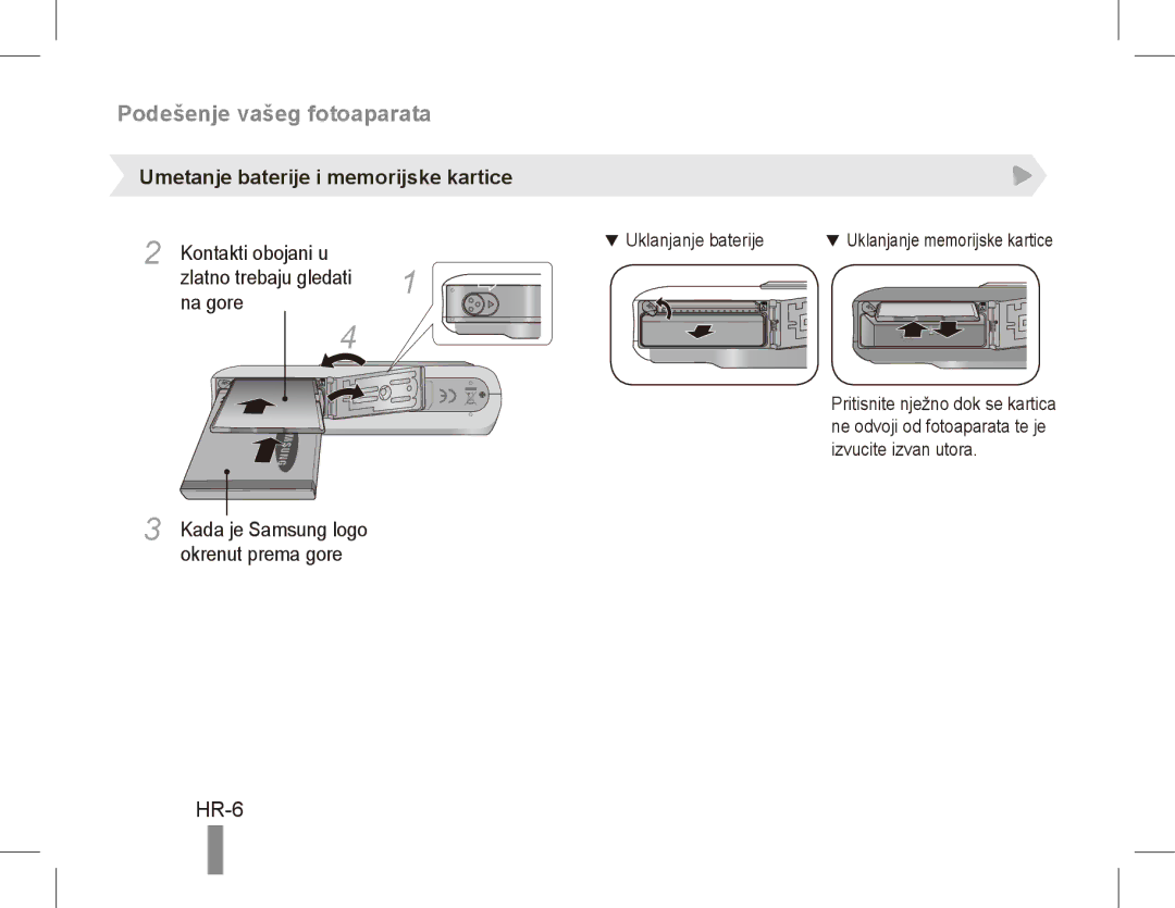 Samsung EC-PL55ZZBPUE1, EC-PL55ZZBPBE1 manual Podešenje vašeg fotoaparata, HR-6, Umetanje baterije i memorijske kartice 