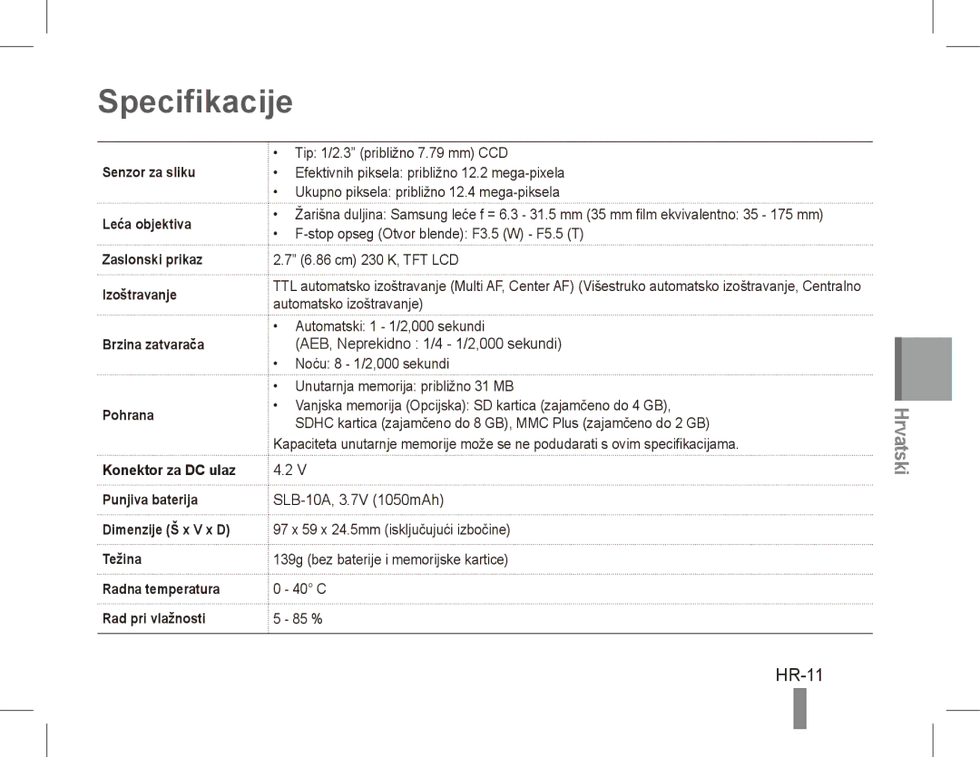 Samsung EC-PL55ZZBPSSA, EC-PL55ZZBPBE1, EC-PL55ZZBPRE1, EC-PL55ZZBPBFR, EC-PL55ZZBPSCA, EC-PL55ZZBPBIT Specifikacije, HR-11 