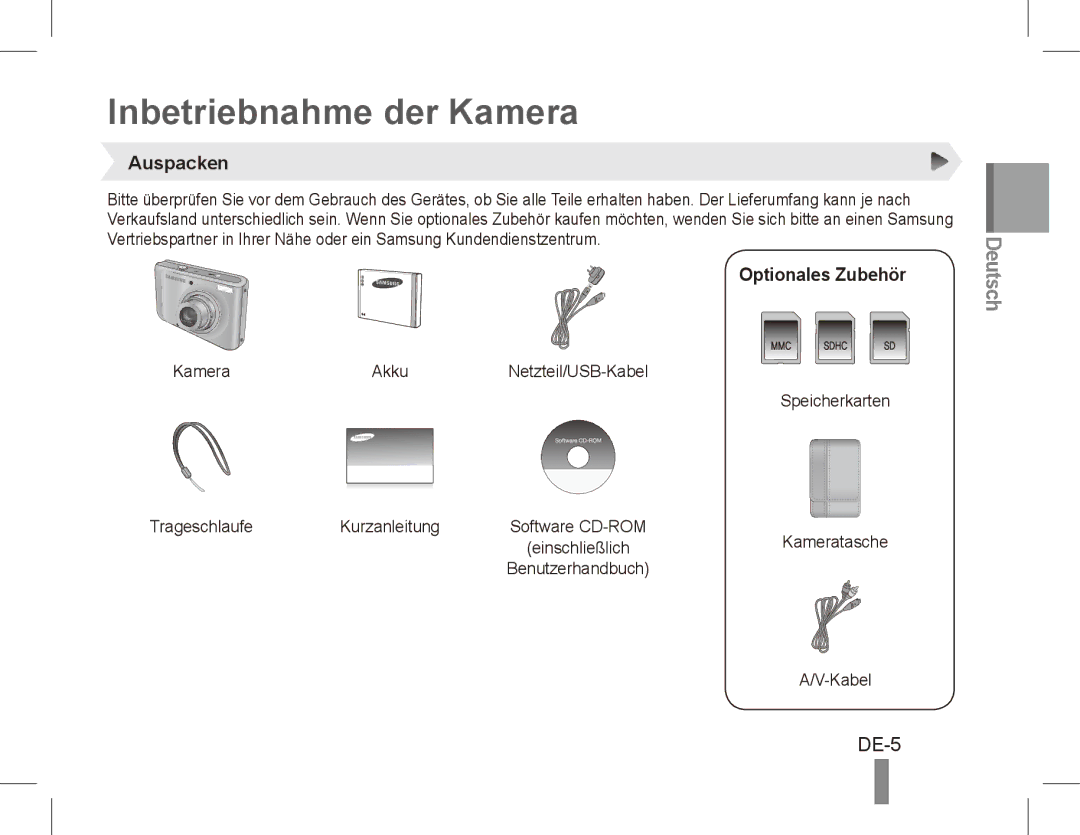 Samsung EC-PL55ZZBPBSA, EC-PL55ZZBPBE1, EC-PL55ZZBPRE1 manual Inbetriebnahme der Kamera, DE-5, Auspacken, Optionales Zubehör 