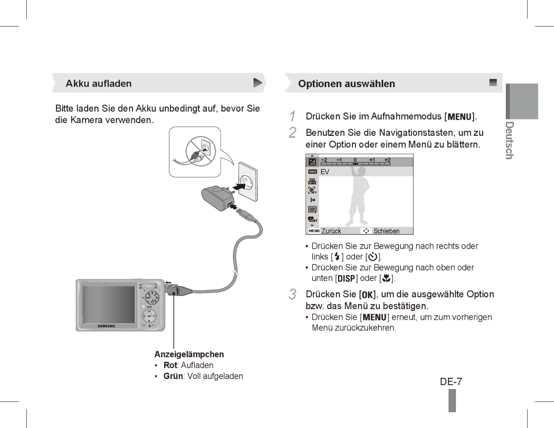 Samsung EC-PL55ZZBPSVN, EC-PL55ZZBPBE1 manual DE-7, Akku aufladen, Drücken Sie im Aufnahmemodus, Bzw. das Menü zu bestätigen 