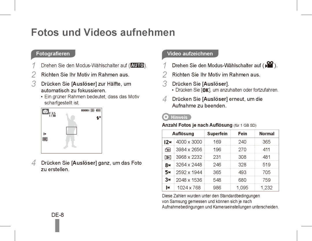 Samsung EC-PL55ZZBPRVN, EC-PL55ZZBPBE1, EC-PL55ZZBPRE1, EC-PL55ZZBPBFR Fotos und Videos aufnehmen, DE-8, Video aufzeichnen 