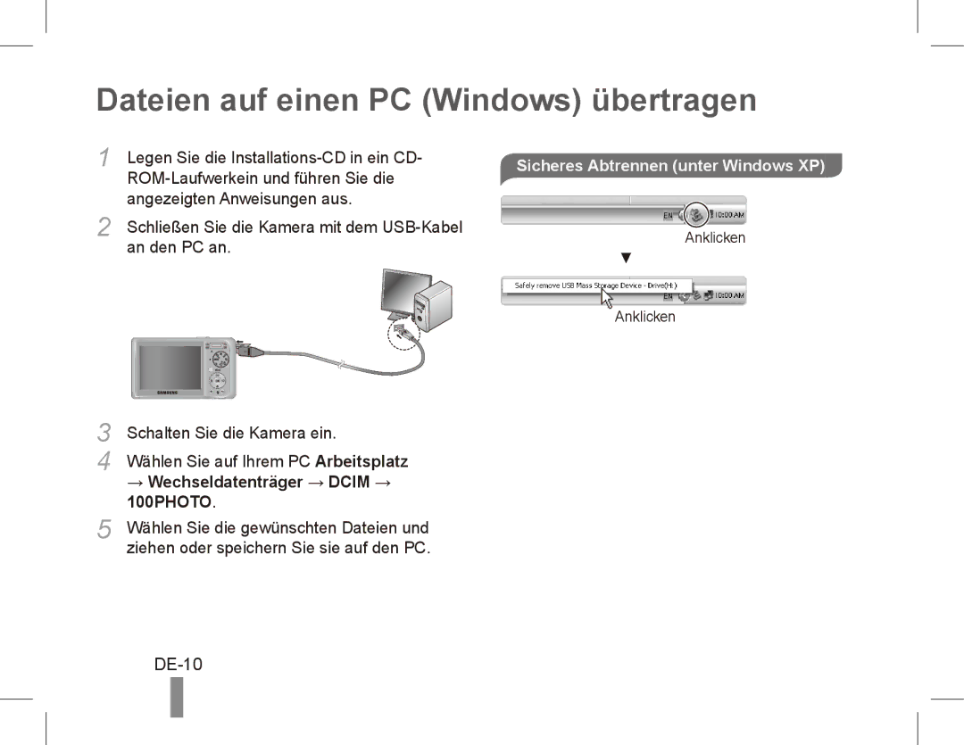 Samsung EC-PL55ZZBPBVN, EC-PL55ZZBPBE1 manual Dateien auf einen PC Windows übertragen, DE-10, → Wechseldatenträger → Dcim → 