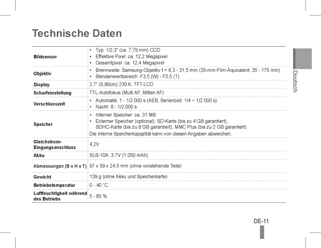 Samsung EC-PL55ZZBPUE3, EC-PL55ZZBPBE1, EC-PL55ZZBPRE1, EC-PL55ZZBPBFR, EC-PL55ZZBPSCA, EC-PL55ZZBPBIT Technische Daten, DE-11 