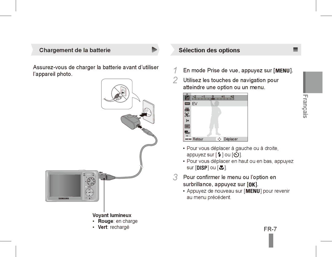 Samsung EC-PL55ZZBPBRU FR-7, Chargement de la batterie, En mode Prise de vue, appuyez sur, Atteindre une option ou un menu 