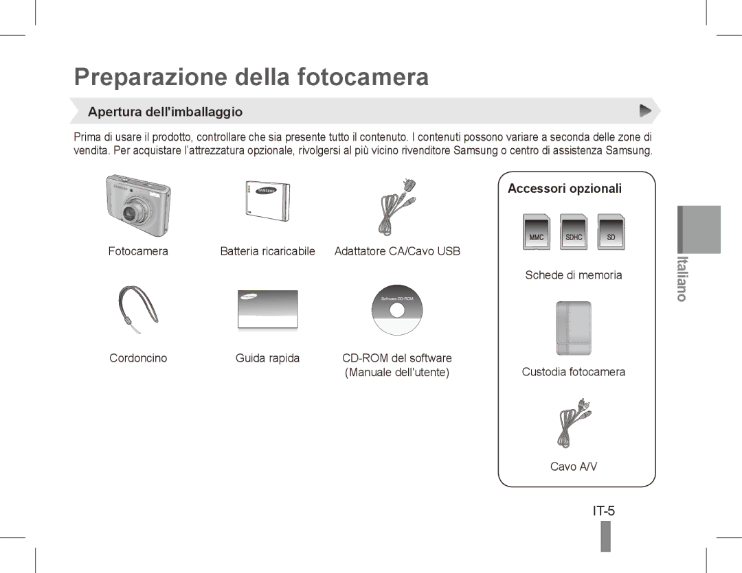 Samsung EC-PL55ZZBPSCA, EC-PL55ZZBPBE1 Preparazione della fotocamera, IT-5, Apertura dellimballaggio, Accessori opzionali 