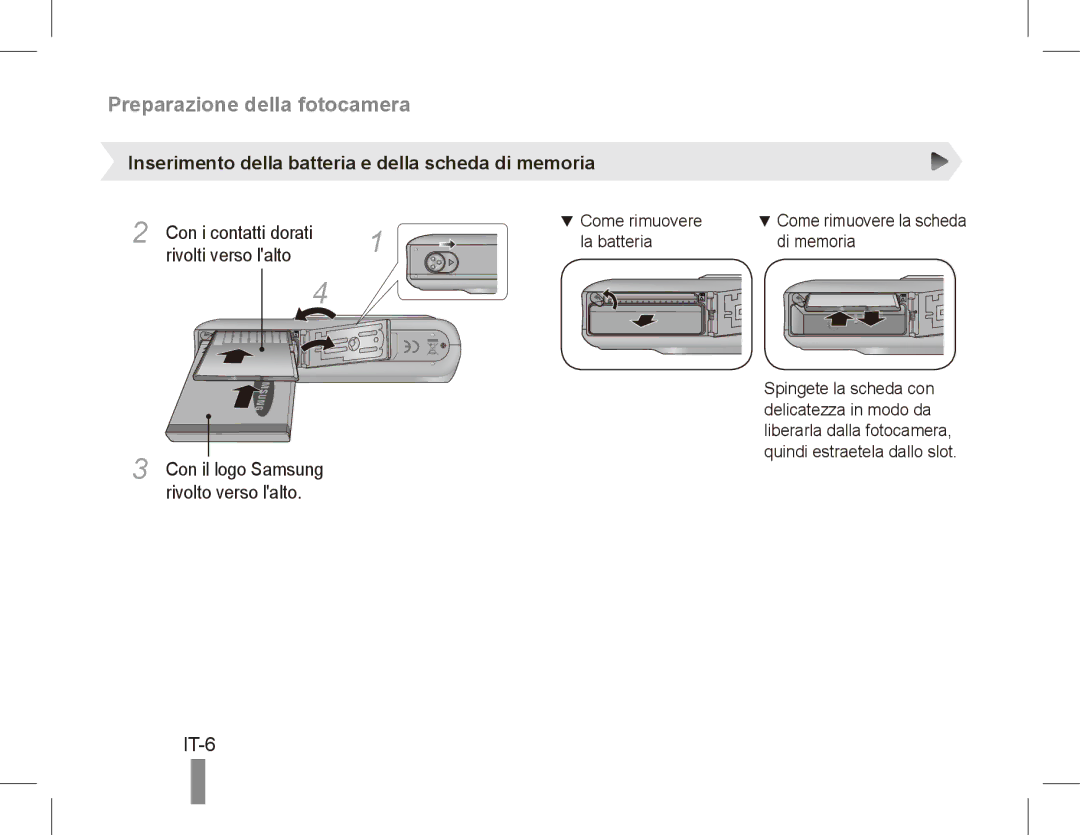 Samsung EC-PL55ZZBPBIT manual Preparazione della fotocamera, IT-6, Inserimento della batteria e della scheda di memoria 