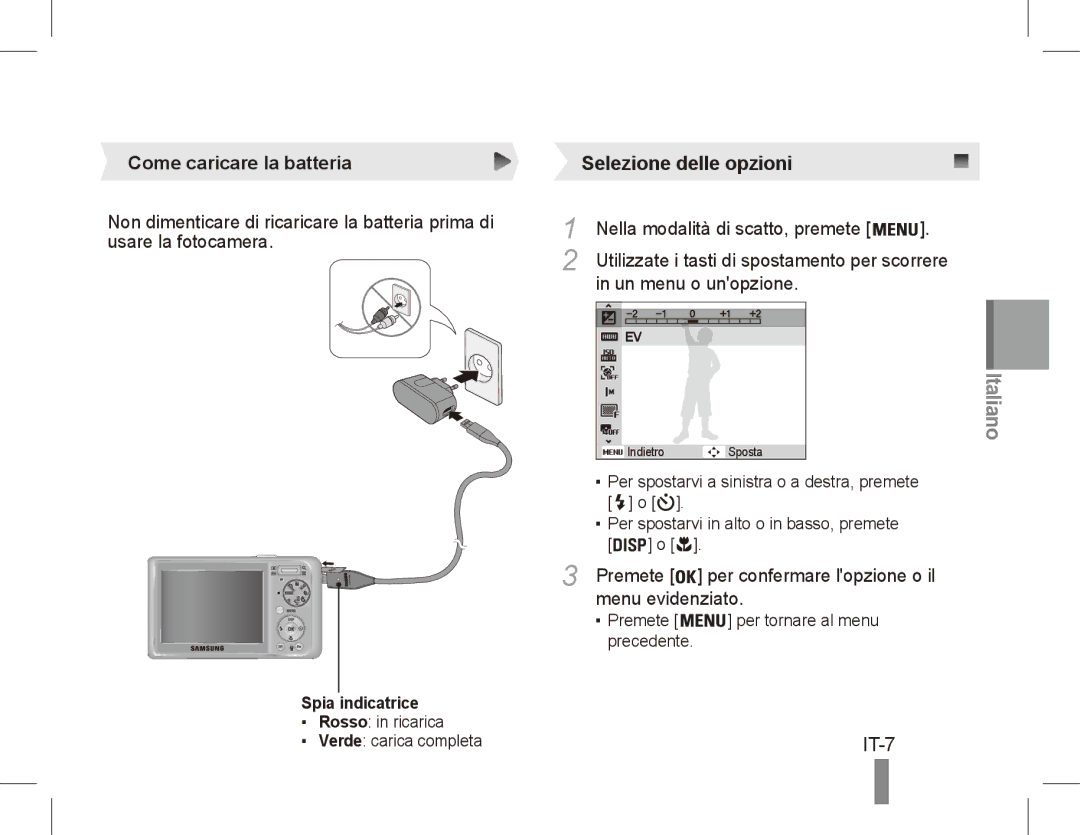 Samsung EC-PL55ZZBPUIT manual IT-7, Come caricare la batteria, Un menu o unopzione, Menu evidenziato, Spia indicatrice 