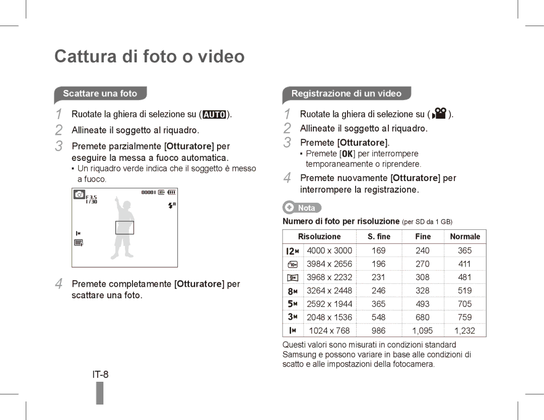 Samsung EC-PL55ZZBPRIT, EC-PL55ZZBPBE1, EC-PL55ZZBPRE1 manual Cattura di foto o video, IT-8, Registrazione di un video 