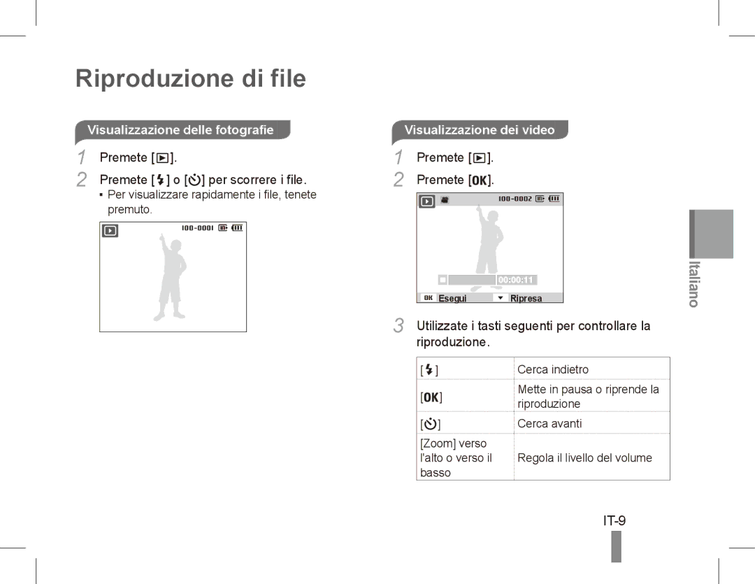 Samsung EC-PL55ZZBPSIT manual Riproduzione di file, IT-9, Visualizzazione delle fotografie, Premete Per scorrere i file 