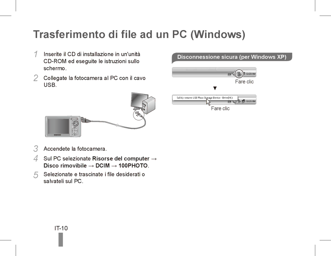 Samsung EC-PL55ZZBPUE1, EC-PL55ZZBPBE1 Trasferimento di file ad un PC Windows, IT-10, Disco rimovibile → Dcim → 100PHOTO 