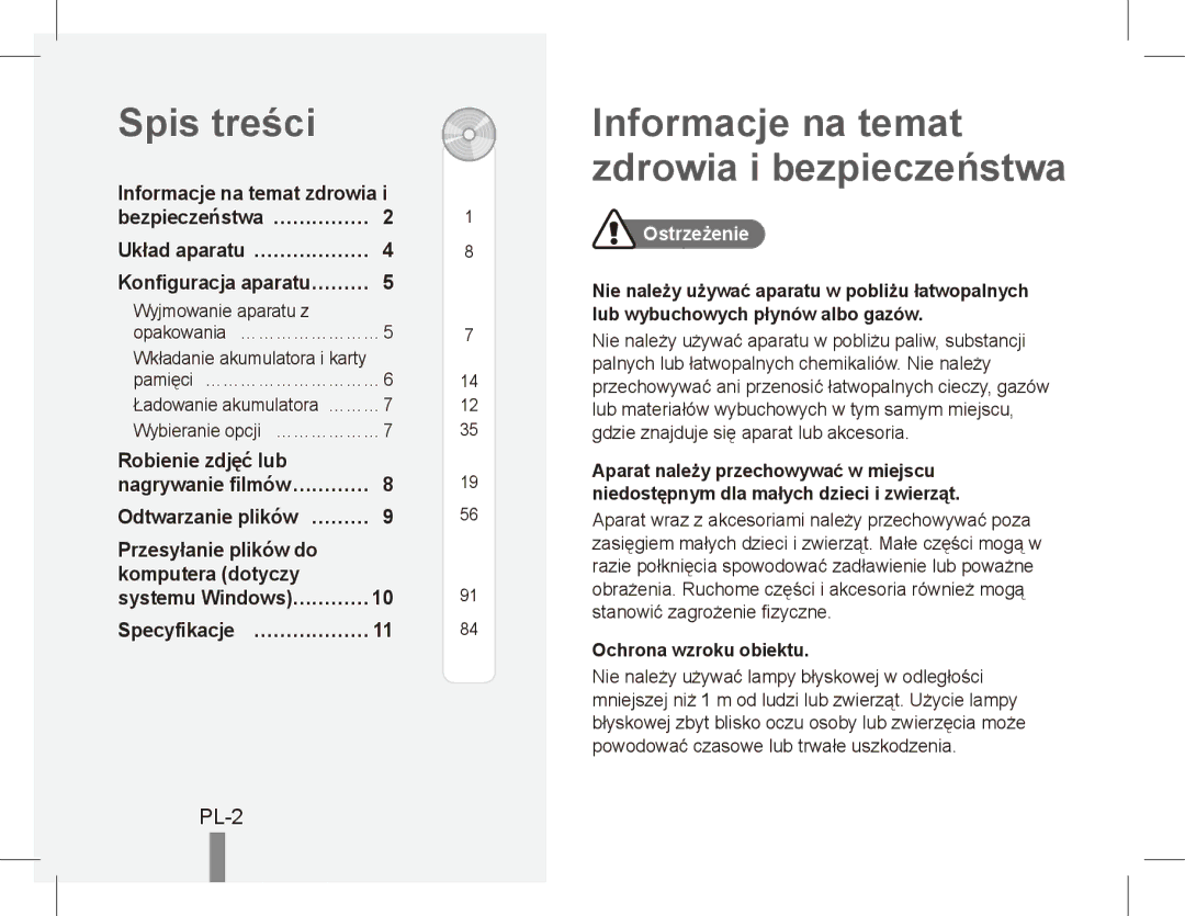 Samsung EC-PL55ZZBPSCN, EC-PL55ZZBPBE1 manual Spis treści, Informacje na temat zdrowia i bezpieczeństwa, PL-2, Ostrzeżenie 