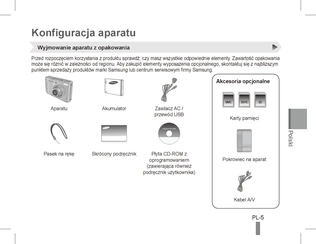 Samsung EC-PL55ZZBPSSA manual Konfiguracja aparatu, Polski, PL-5, Wyjmowanie aparatu z opakowania, Akcesoria opcjonalne 