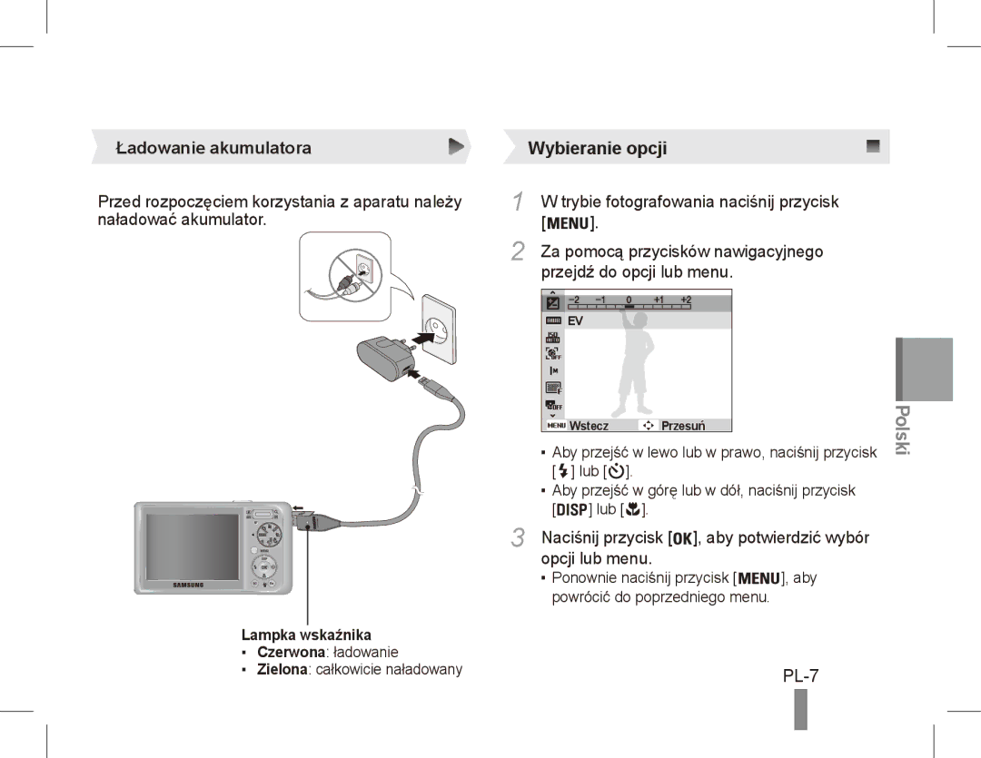 Samsung EC-PL55ZZBPBSA, EC-PL55ZZBPBE1, EC-PL55ZZBPRE1, EC-PL55ZZBPBFR, EC-PL55ZZBPSCA manual PL-7, Ładowanie akumulatora 