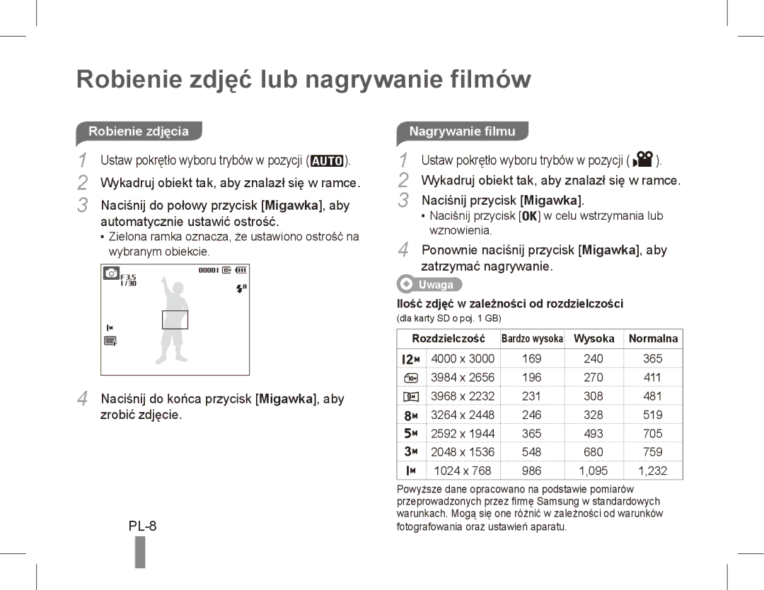 Samsung EC-PL55ZZDPRAS, EC-PL55ZZBPBE1, EC-PL55ZZBPRE1 manual Robienie zdjęć lub nagrywanie filmów, PL-8, Nagrywanie filmu 