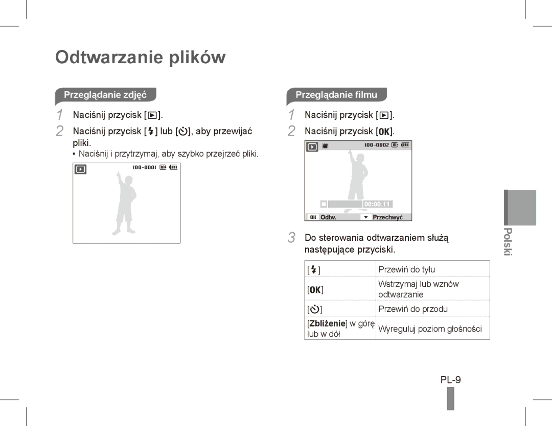 Samsung EC-PL55ZZBPSVN, EC-PL55ZZBPBE1, EC-PL55ZZBPRE1, EC-PL55ZZBPBFR manual Odtwarzanie plików, PL-9, Przeglądanie filmu 