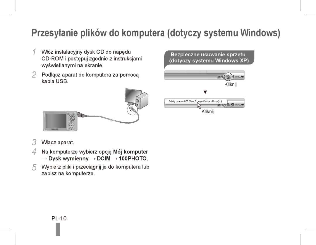 Samsung EC-PL55ZZBPRVN PL-10, Bezpieczne usuwanie sprzętu dotyczy systemu Windows XP, → Dysk wymienny → Dcim → 100PHOTO 