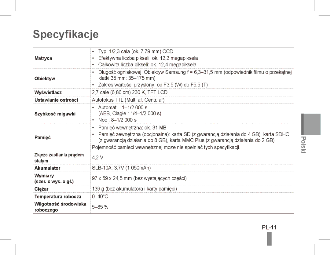 Samsung EC-PL55ZZBPUVN, EC-PL55ZZBPBE1, EC-PL55ZZBPRE1, EC-PL55ZZBPBFR, EC-PL55ZZBPSCA, EC-PL55ZZBPBIT Specyfikacje, PL-11 