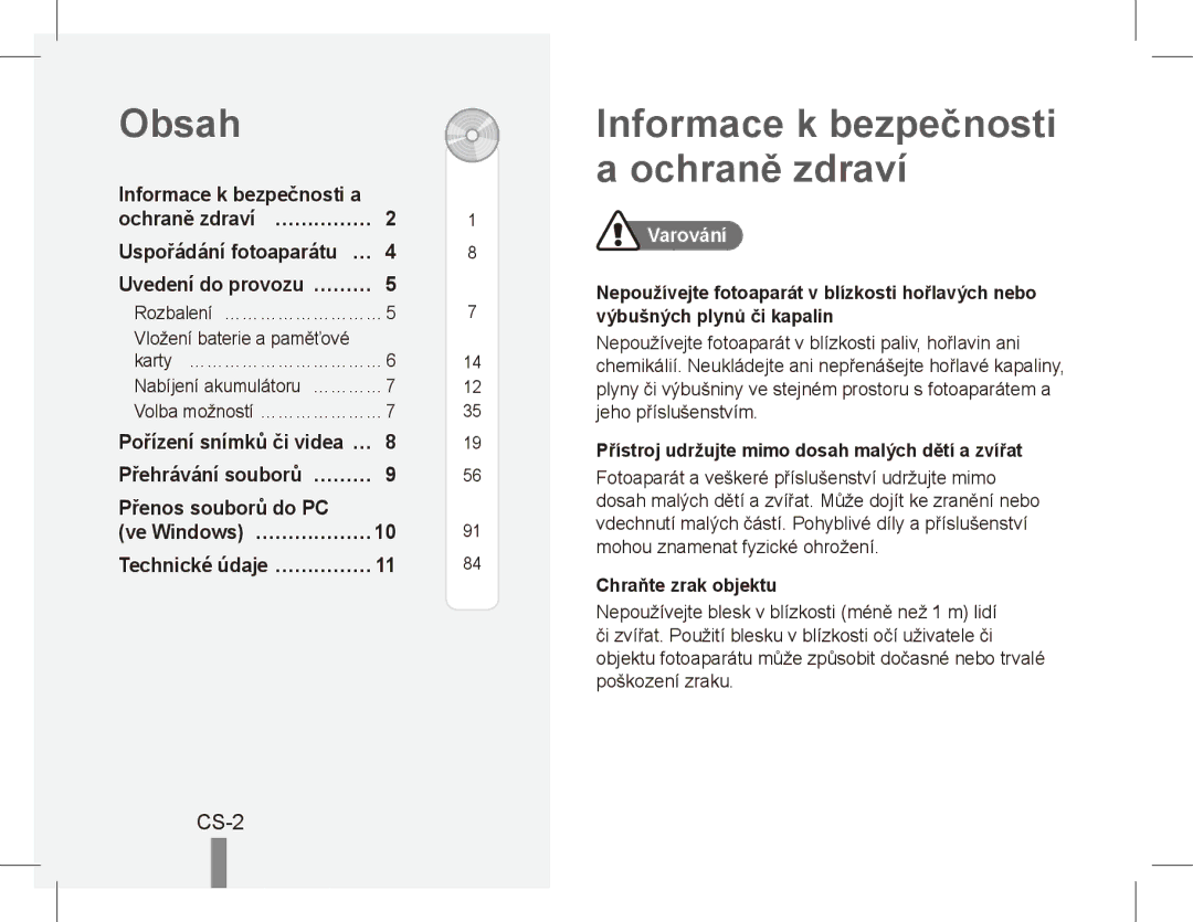 Samsung EC-PL55ZZBPBVN, EC-PL55ZZBPBE1, EC-PL55ZZBPRE1 manual Obsah, Informace k bezpečnosti a ochraně zdraví, CS-2, Varování 