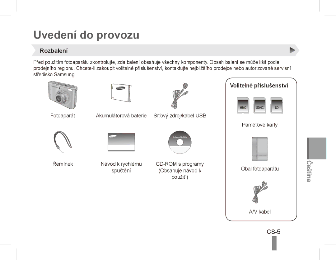 Samsung EC-PL55ZZBPSE3, EC-PL55ZZBPBE1, EC-PL55ZZBPRE1, EC-PL55ZZBPBFR, EC-PL55ZZBPSCA Uvedení do provozu, CS-5, Rozbalení 