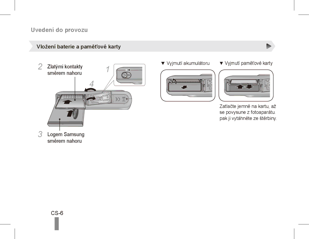 Samsung EC-PL55ZZBPRE3, EC-PL55ZZBPBE1, EC-PL55ZZBPRE1 manual Uvedení do provozu, CS-6, Vložení baterie a paměťové karty 