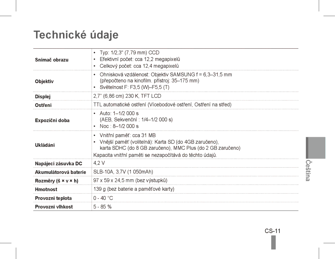 Samsung EC-PL55ZZBPRRU, EC-PL55ZZBPBE1, EC-PL55ZZBPRE1, EC-PL55ZZBPBFR, EC-PL55ZZBPSCA, EC-PL55ZZBPBIT Technické údaje, CS-11 