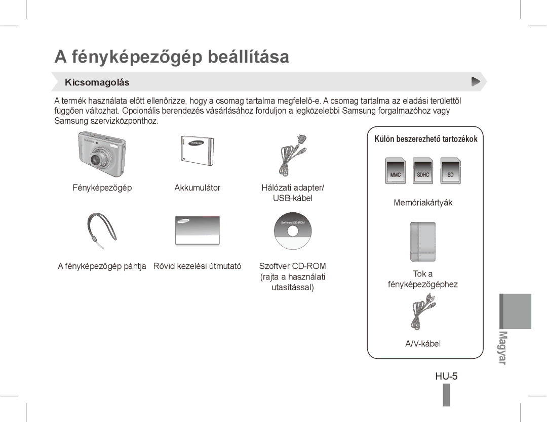 Samsung EC-PL55ZZDPUAS, EC-PL55ZZBPBE1 manual Fényképezőgép beállítása, HU-5, Kicsomagolás, Külön beszerezhető tartozékok 