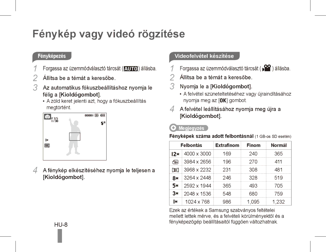 Samsung EC-PL55ZZDPSME manual Fénykép vagy videó rögzítése, HU-8, Fényképezés Videofelvétel készítése, Félig a Kioldógombot 