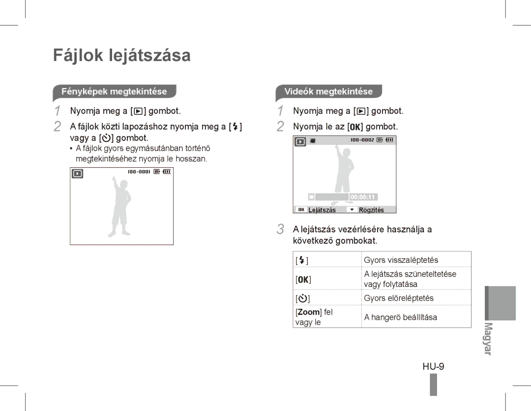 Samsung EC-PL55ZZBPBSA, EC-PL55ZZBPBE1, EC-PL55ZZBPRE1, EC-PL55ZZBPBFR, EC-PL55ZZBPSCA, EC-PL55ZZBPBIT Fájlok lejátszása, HU-9 