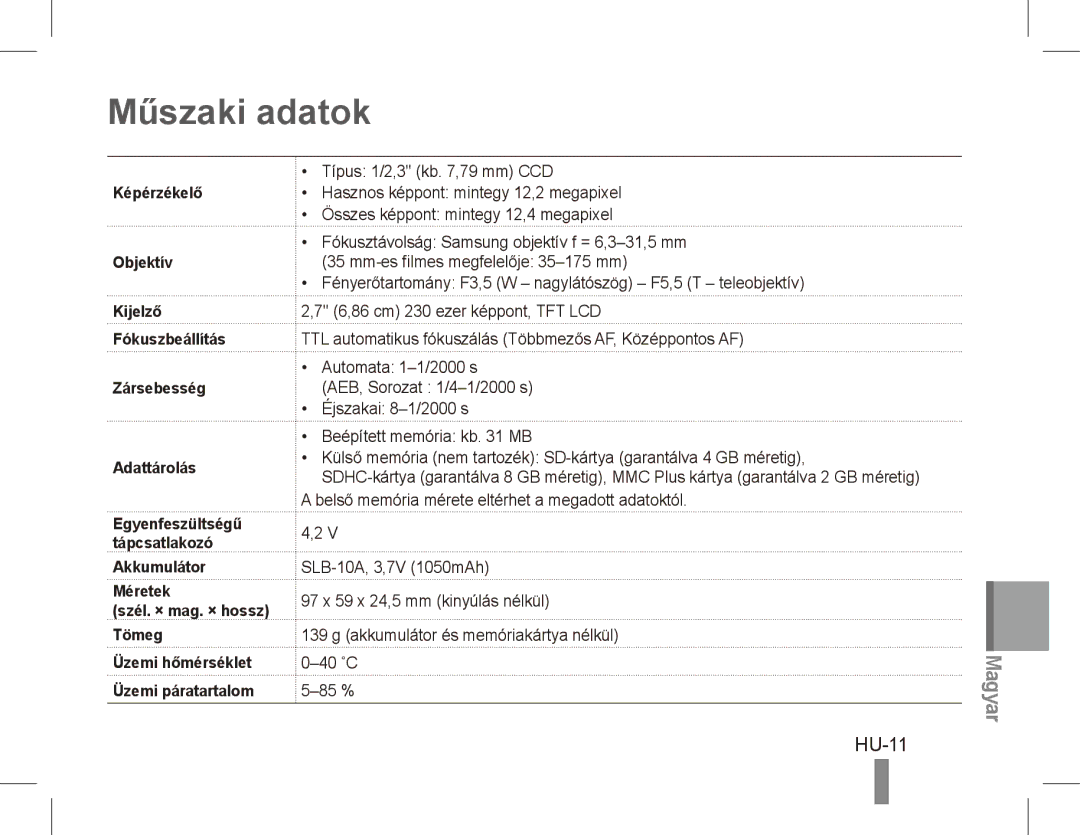 Samsung EC-PL55ZZBPSVN, EC-PL55ZZBPBE1, EC-PL55ZZBPRE1, EC-PL55ZZBPBFR, EC-PL55ZZBPSCA, EC-PL55ZZBPBIT Műszaki adatok, HU-11 