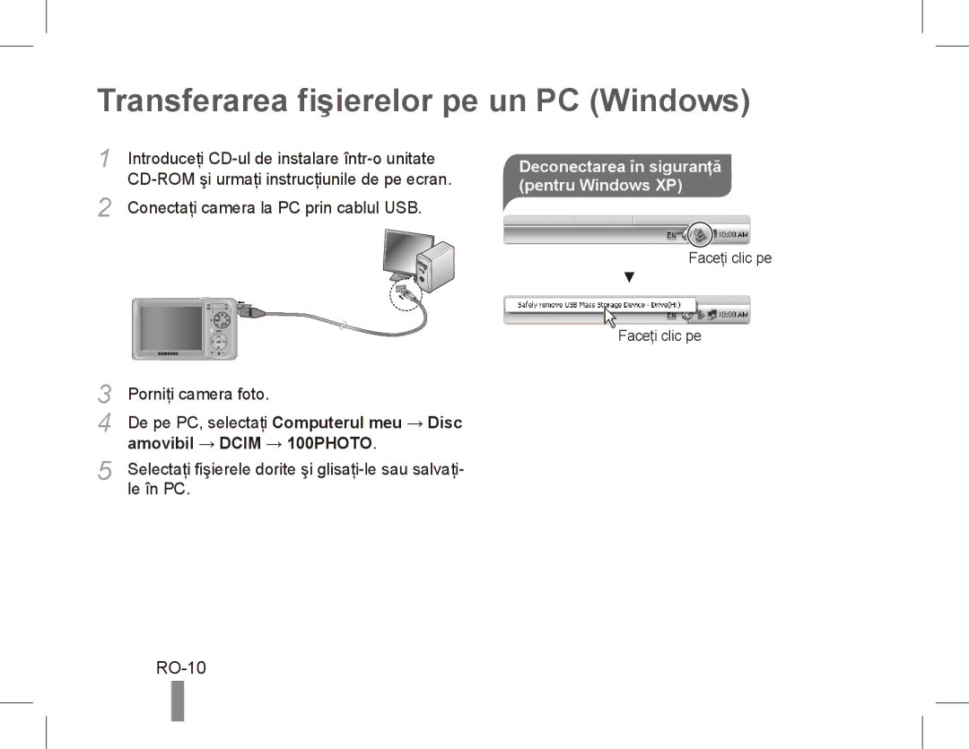 Samsung EC-PL55ZZBPSE2, EC-PL55ZZBPBE1 manual Transferarea fişierelor pe un PC Windows, RO-10, Amovibil → Dcim → 100PHOTO 