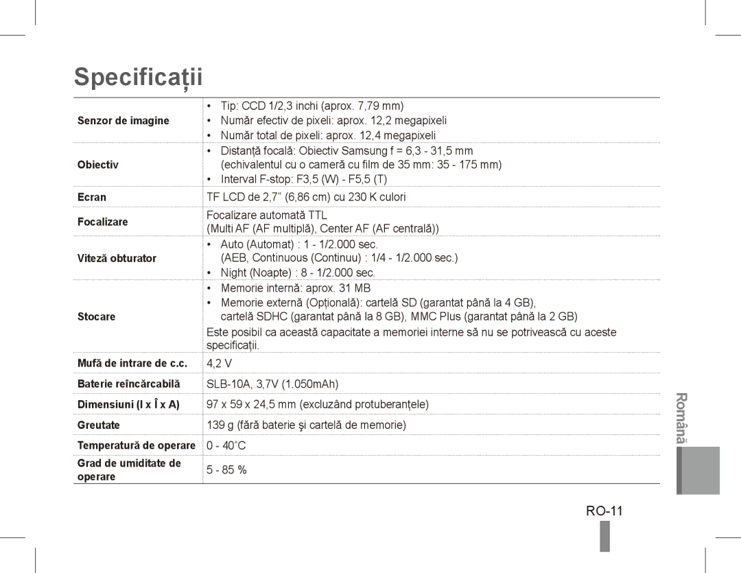 Samsung EC-PL55ZZBPBRU, EC-PL55ZZBPBE1, EC-PL55ZZBPRE1, EC-PL55ZZBPBFR, EC-PL55ZZBPSCA, EC-PL55ZZBPBIT Specificaţii, RO-11 