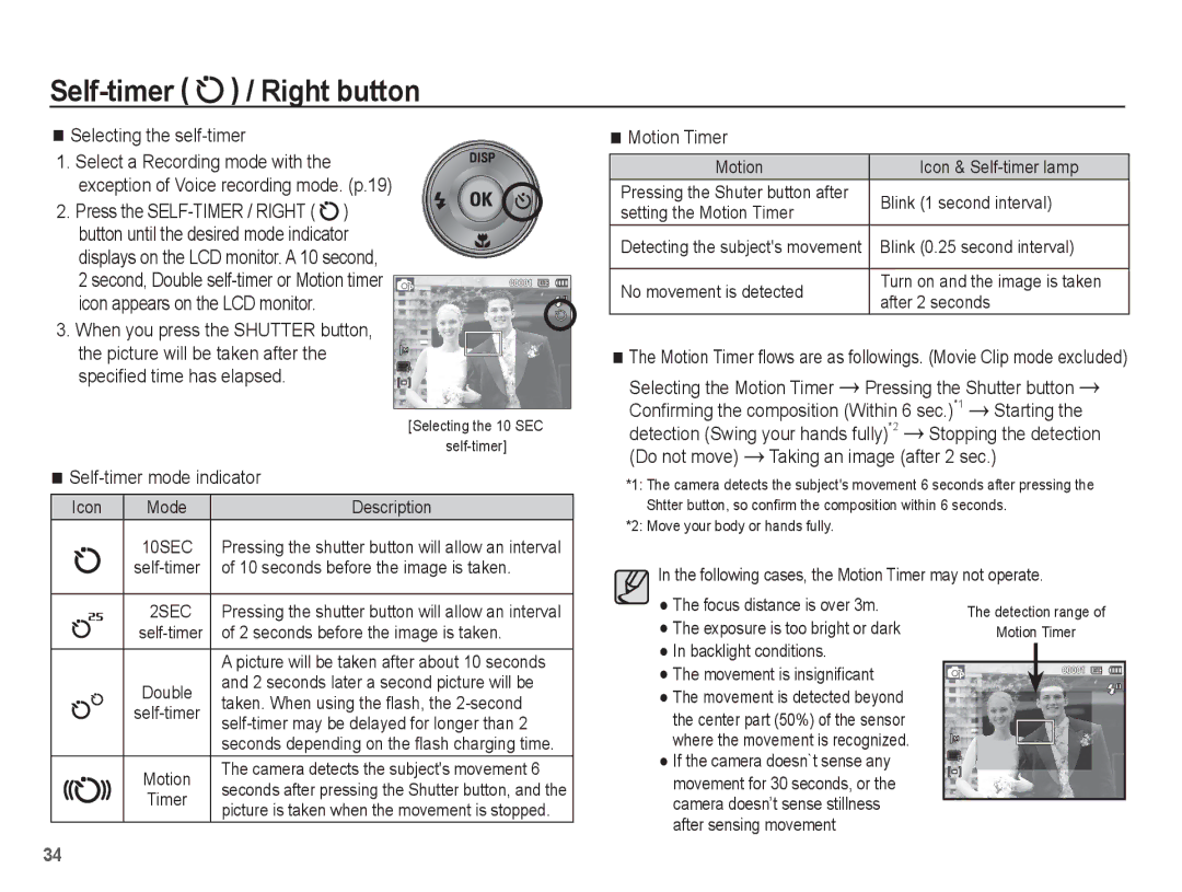 Samsung EC-PL55ZZBPBFR manual Selecting the self-timer, Motion Timer, Starting, Do not move Taking an image after 2 sec 