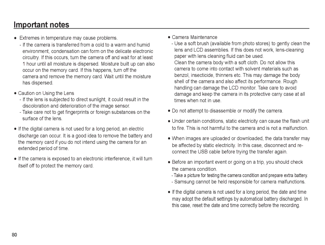 Samsung EC-PL55ZZBPBSA Extremes in temperature may cause problems, Do not attempt to disassemble or modify the camera 