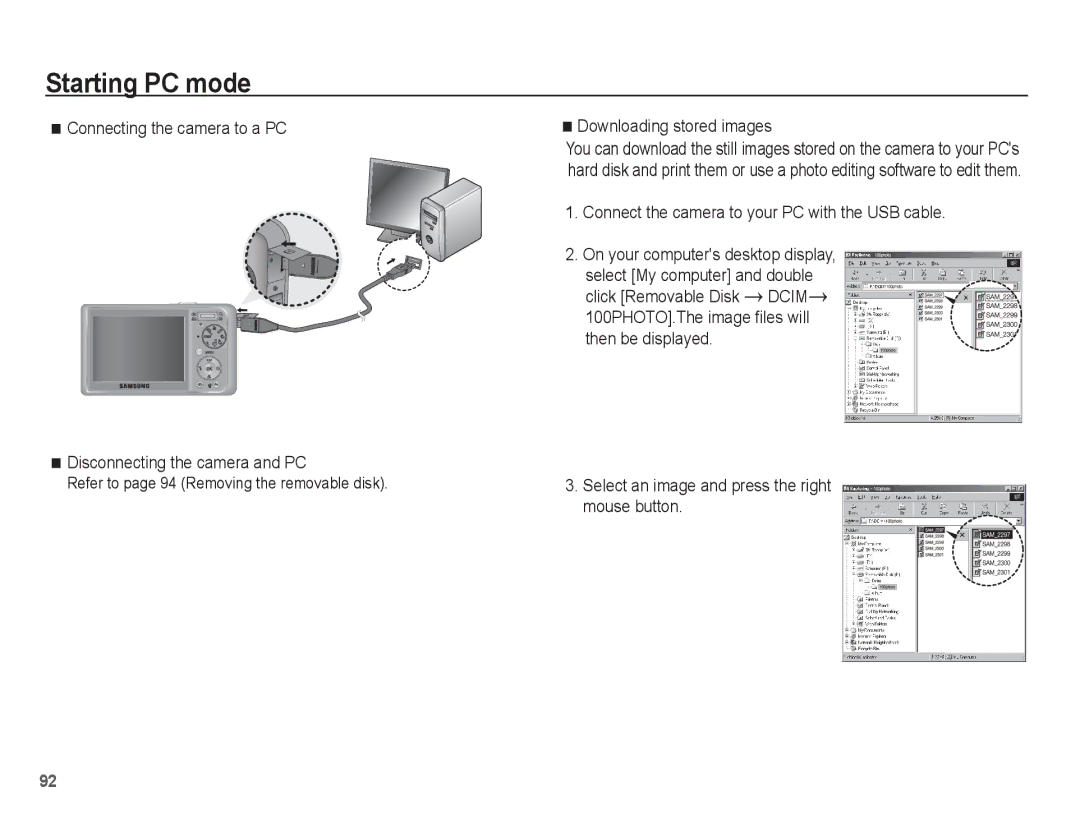 Samsung EC-PL55ZZBPBRU, EC-PL55ZZBPBE1 manual Downloading stored images, Connect the camera to your PC with the USB cable 