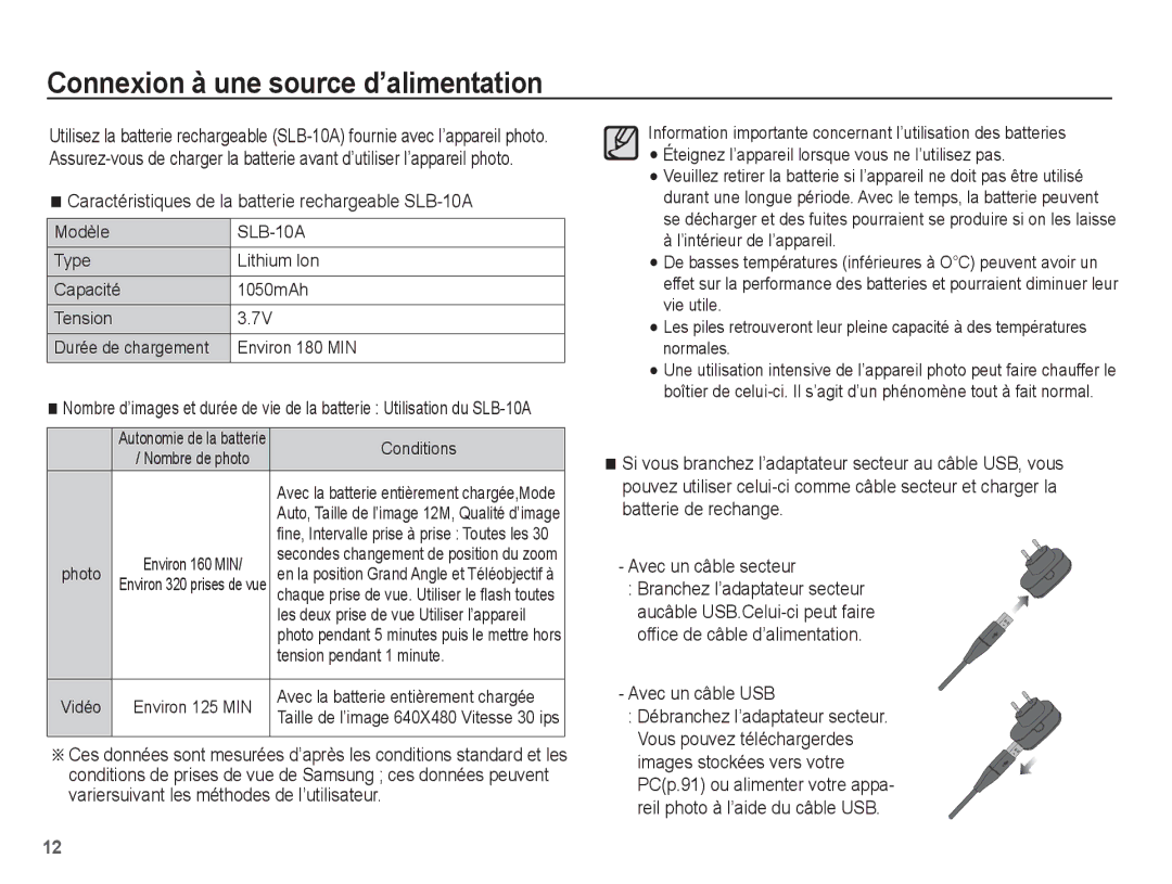 Samsung EC-PL55ZZBPRE1 manual Connexion à une source d’alimentation, Caractéristiques de la batterie rechargeable SLB-10A 