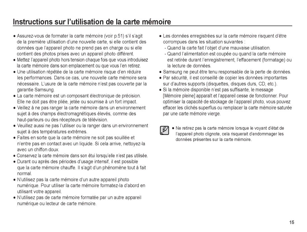 Samsung EC-PL55ZZBPBE1, EC-PL55ZZBPRE1, EC-PL55ZZBPBFR, EC-PL55ZZBPSCA Instructions sur l’utilisation de la carte mémoire 