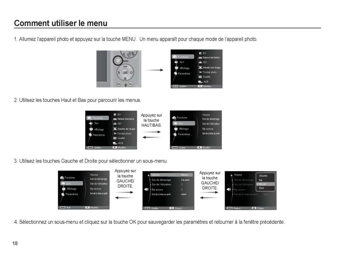 Samsung EC-PL55ZZBPSCA, EC-PL55ZZBPBE1 Comment utiliser le menu, Utilisez les touches Haut et Bas pour parcourir les menus 