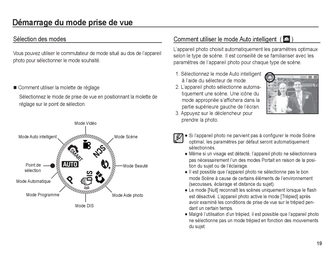 Samsung EC-PL55ZZBPBE1 Démarrage du mode prise de vue, Sélection des modes, Comment utiliser le mode Auto intelligent 