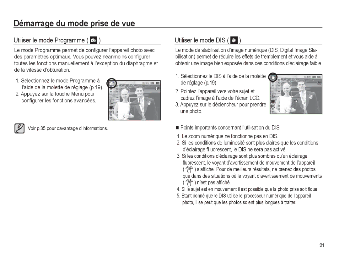 Samsung EC-PL55ZZBPBFR manual Utiliser le mode Programme, Utiliser le mode DIS, Voir p.35 pour davantage d’informations 