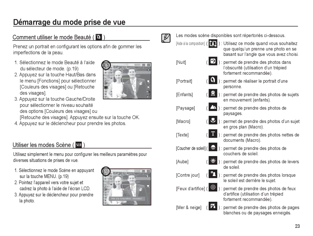 Samsung EC-PL55ZZBPBE1, EC-PL55ZZBPRE1, EC-PL55ZZBPBFR manual Comment utiliser le mode Beauté, Utiliser les modes Scène 