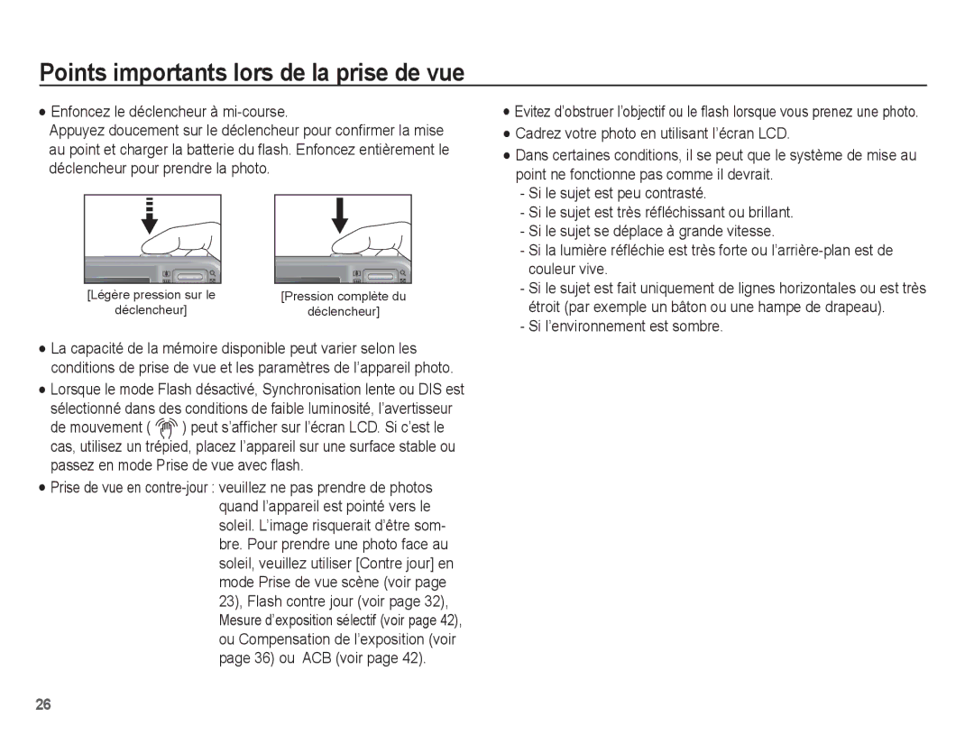 Samsung EC-PL55ZZBPSCA, EC-PL55ZZBPBE1 manual Points importants lors de la prise de vue, Enfoncez le déclencheur à mi-course 