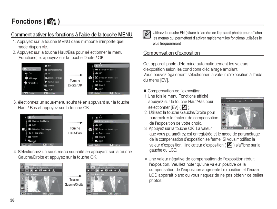 Samsung EC-PL55ZZBPRE1 Compensation d’exposition, De l’exposition de votre choix, Appuyez sur la touche OK. La valeur 